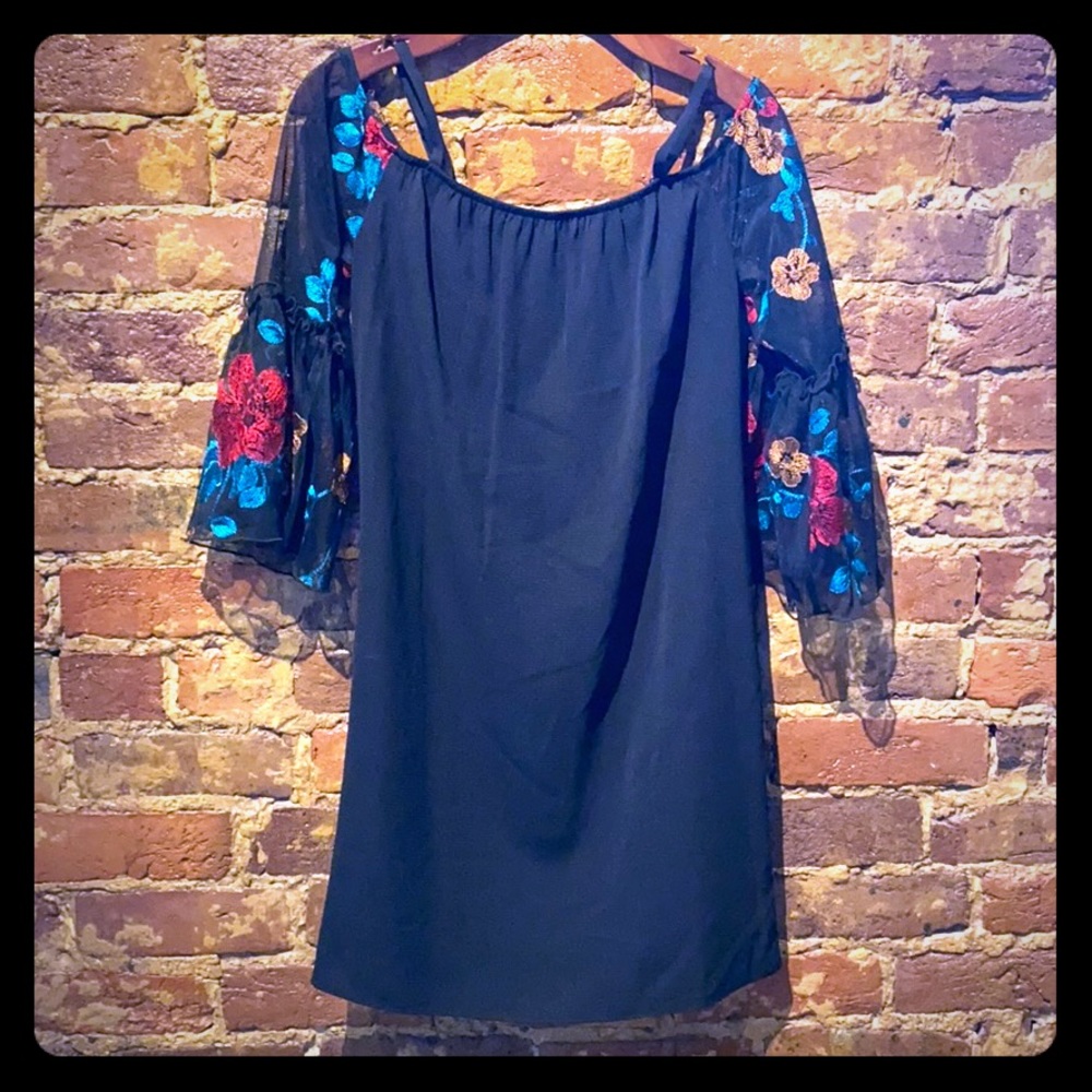 Off the shoulder embroidered little black dress